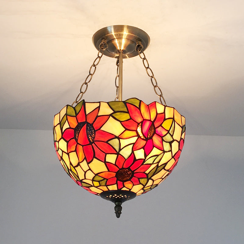 Rustic Sunflower Stained Glass Chandelier: Vibrant Orange Hanging Lamp for Corridor Lighting