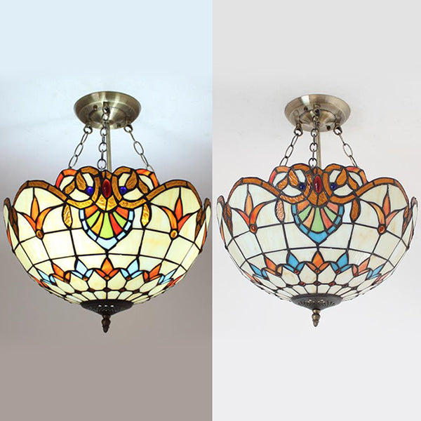 Stained Glass Chandelier Lighting: Victorian Bowl Ceiling Light with Brass Finish