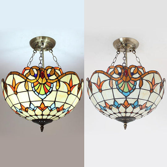 Stained Glass Chandelier Lighting: Victorian Bowl Ceiling Light with Brass Finish