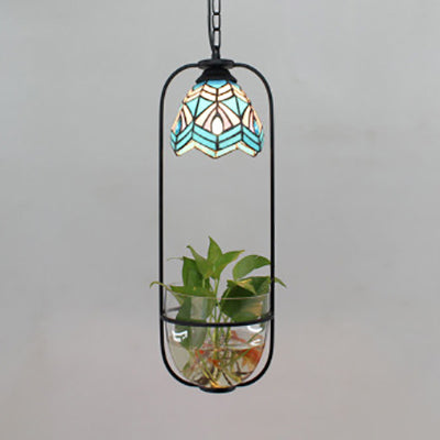 Stylish Blue Domed Suspension Tiffany Lamp: Handcrafted Stained Glass Pendant with Green Plant Accent