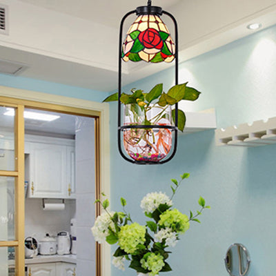 Rose Design Tiffany-Style Red Ceiling Pendant Light With Plant Attachment