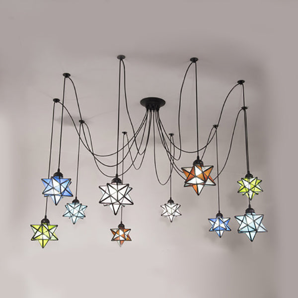 Black Stained Glass Swag Pendant Light With Star Shade And Multiple Hanging Lights