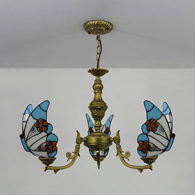 Loft Style Stained Glass Butterfly Chandelier with 3 Lights & Chain - Multicolor Options