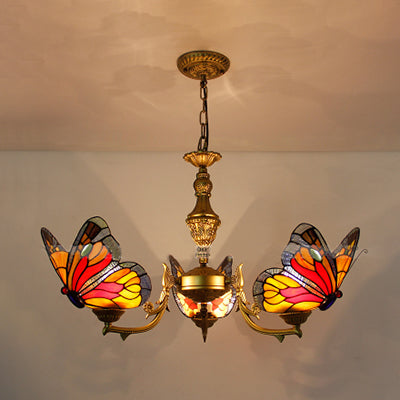 Stained Glass Butterfly Ceiling Chandelier - Loft Style Hanging Light With Adjustable Chain