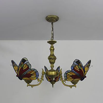 Loft Style Stained Glass Butterfly Chandelier with 3 Lights & Chain - Multicolor Options