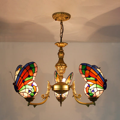 Loft Style Stained Glass Butterfly Chandelier with 3 Lights & Chain - Multicolor Options