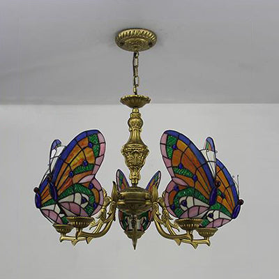 Stained Glass Butterfly Ceiling Chandelier - Loft Style Hanging Light With Adjustable Chain