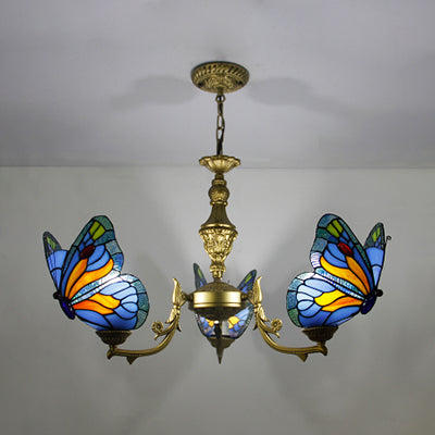 Loft Style Stained Glass Butterfly Chandelier with 3 Lights & Chain - Multicolor Options