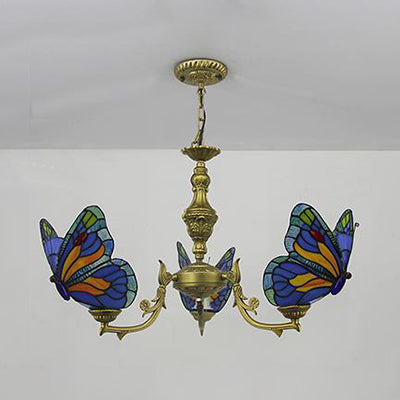 Loft Style Stained Glass Butterfly Chandelier with 3 Lights & Chain - Multicolor Options