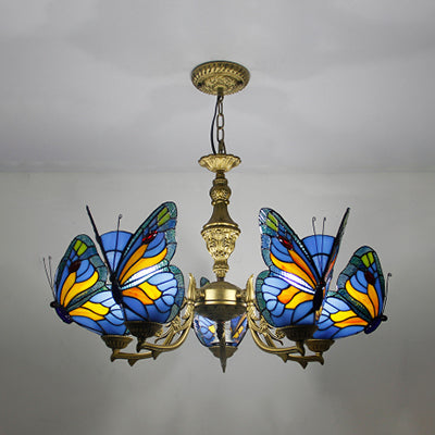 Modern Loft Style Adjustable Chain Stained Glass Butterfly Ceiling Light in Multicolor