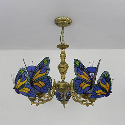 Modern Loft Style Adjustable Chain Stained Glass Butterfly Ceiling Light in Multicolor