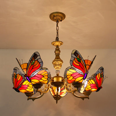 Modern Loft Style Adjustable Chain Stained Glass Butterfly Ceiling Light in Multicolor