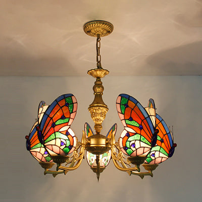 Modern Loft Style Adjustable Chain Stained Glass Butterfly Ceiling Light in Multicolor