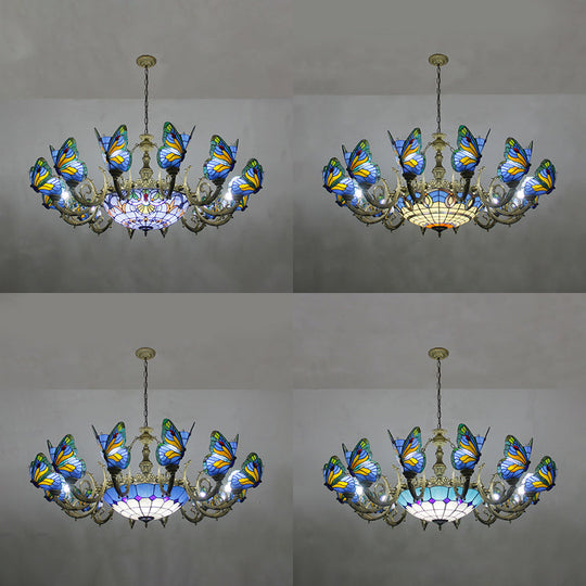 Stained Glass Tiffany Chandelier - Butterfly Indoor Pendant Light in Blue Tones for Hallway