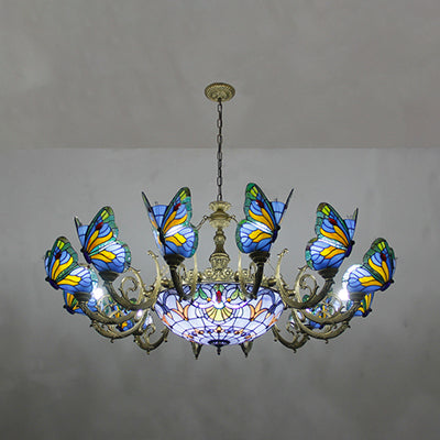 Stained Glass Tiffany Chandelier - Butterfly Indoor Pendant Light in Blue Tones for Hallway