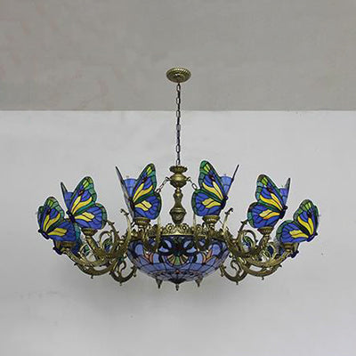 Stained Glass Tiffany Chandelier - Butterfly Indoor Pendant Light in Blue Tones for Hallway