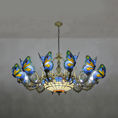 Stained Glass Tiffany Chandelier - Butterfly Indoor Pendant Light in Blue Tones for Hallway