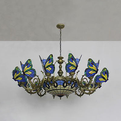 Butterfly Stained Glass Tiffany Chandelier Lamp - Indoor Pendant Light In Dark Blue/Sky