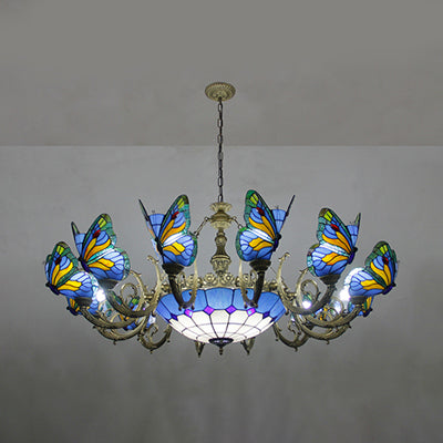 Stained Glass Tiffany Chandelier - Butterfly Indoor Pendant Light in Blue Tones for Hallway