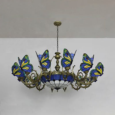 Stained Glass Tiffany Chandelier - Butterfly Indoor Pendant Light in Blue Tones for Hallway