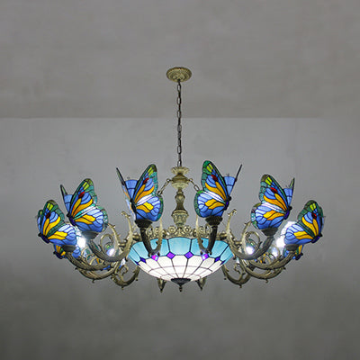 Stained Glass Tiffany Chandelier - Butterfly Indoor Pendant Light in Blue Tones for Hallway