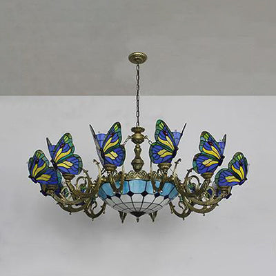 Stained Glass Tiffany Chandelier - Butterfly Indoor Pendant Light in Blue Tones for Hallway