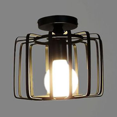 Farmhouse Black Metallic Semi Flush Ceiling Light with Cage Shade - Ideal for Bedroom - 1 Head Drum Fixture