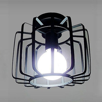 Farmhouse Black Metallic Semi Flush Ceiling Light with Cage Shade - Ideal for Bedroom - 1 Head Drum Fixture