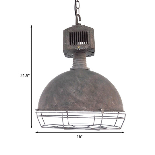 Rustic 1-Light Wrought Iron Dome Suspension Pendant With Wire Guard In Grey