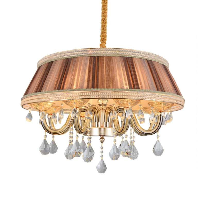 Modern Khaki Drum Chandelier With Crystal Droplets And 8 Pleated Fabric Heads