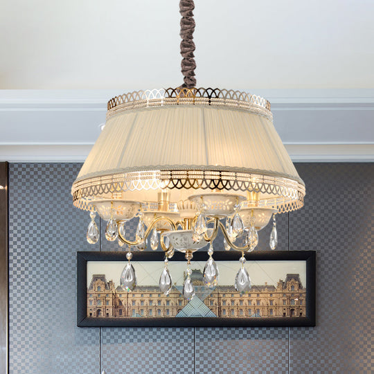 Contemporary 4-Bulb Pendant Chandelier with Beige Fabric Drum Shade and Crystal Down Lighting