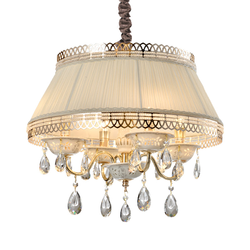 Contemporary 4-Bulb Pendant Chandelier with Beige Fabric Drum Shade and Crystal Down Lighting