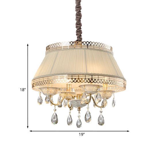 Beige Fabric Drum Chandelier With Crystal Down Lighting - Modern 4 Bulbs Pendant