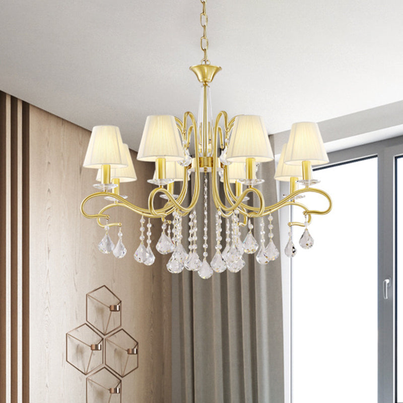 Brass Crystal Ceiling Chandelier - Country Style Swirl Arm Pendant Light With Cone Fabric Shade