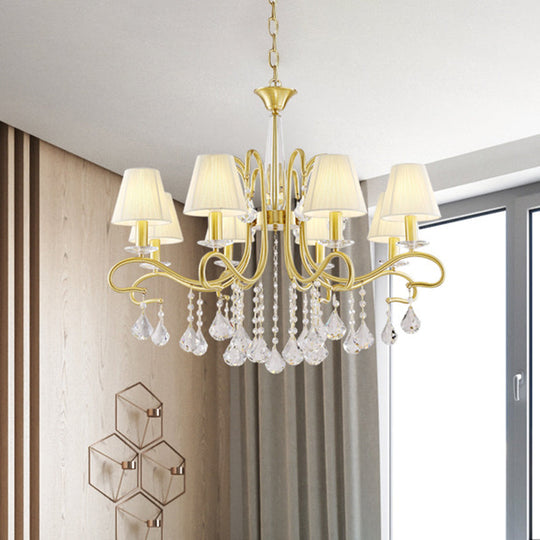 Brass Crystal Ceiling Chandelier - Country Style Swirl Arm Pendant Light With Cone Fabric Shade