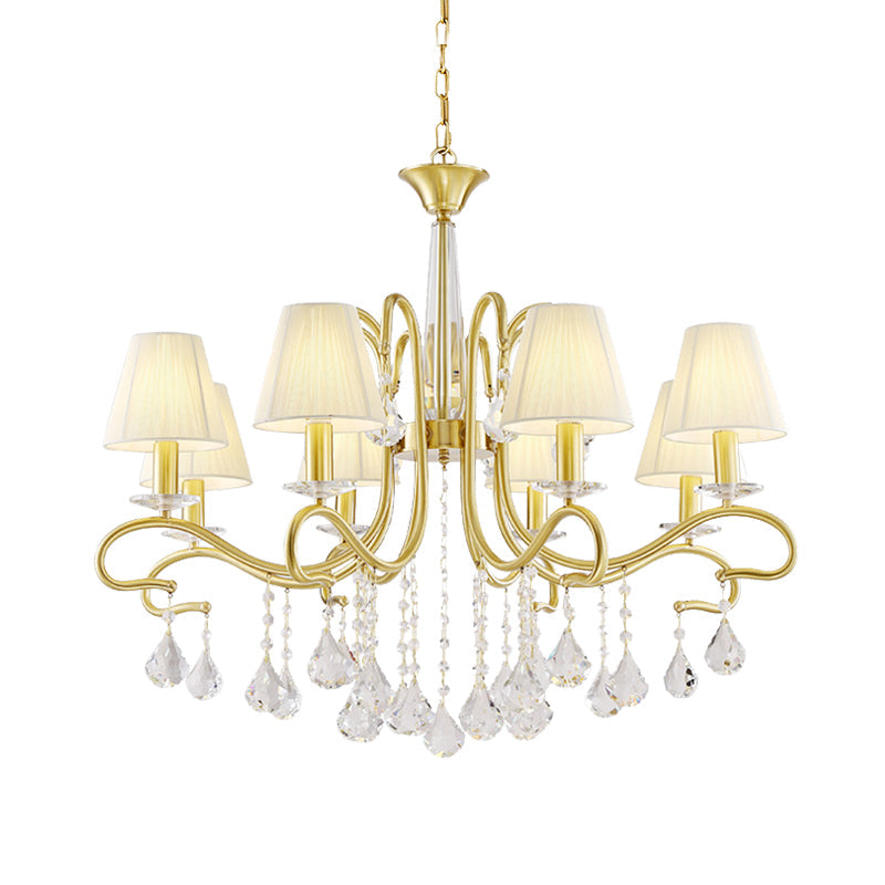 Brass Crystal Ceiling Chandelier - Country Style Swirl Arm Pendant Light With Cone Fabric Shade