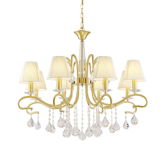 Brass Crystal Ceiling Chandelier - Country Style Swirl Arm Pendant Light With Cone Fabric Shade