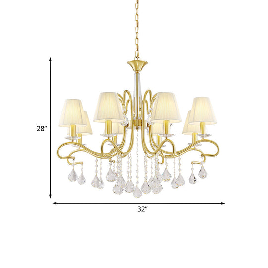 Brass Crystal Ceiling Chandelier - Country Style Swirl Arm Pendant Light With Cone Fabric Shade