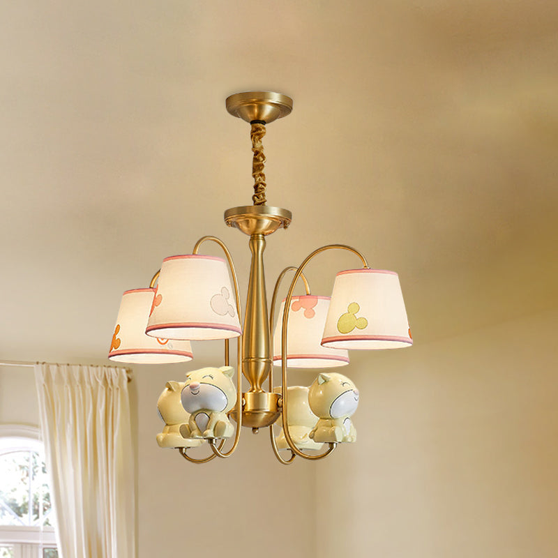 Cartoon Chandelier Light: Brass Finish Curved Arm With 4 Lights Fabric Shade And Dog Decor