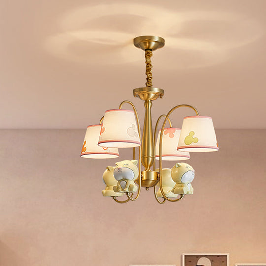 Cartoon Chandelier Light: Brass Finish Curved Arm With 4 Lights Fabric Shade And Dog Decor