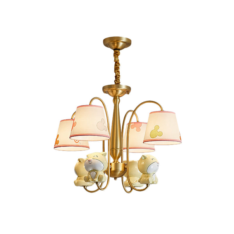 Cartoon Chandelier Light: Brass Finish Curved Arm With 4 Lights Fabric Shade And Dog Decor