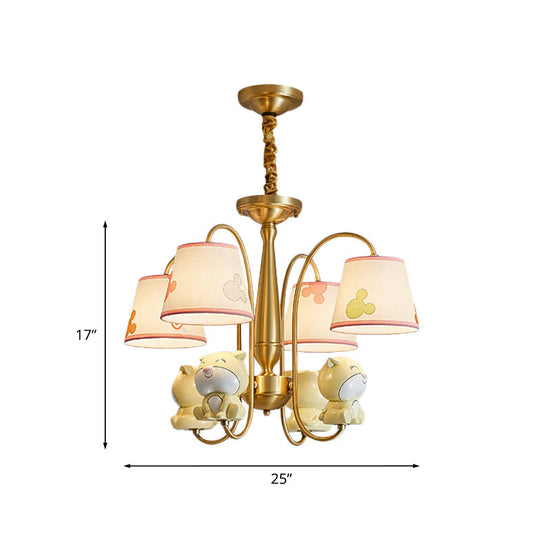 Cartoon Chandelier Light: Brass Finish Curved Arm With 4 Lights Fabric Shade And Dog Decor