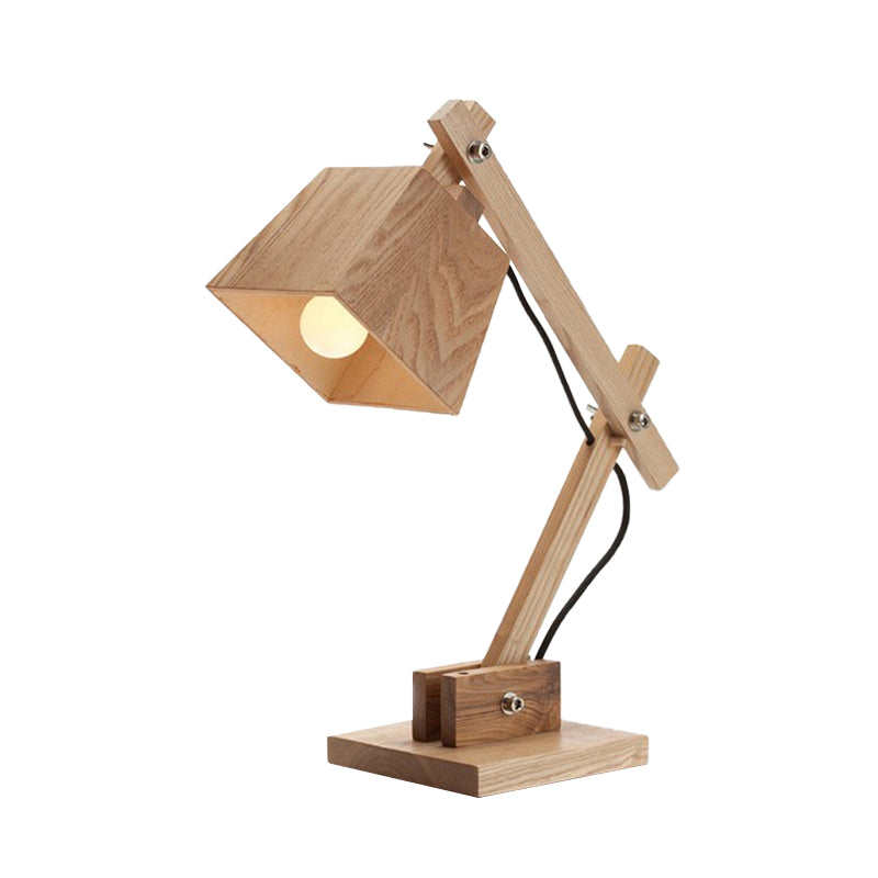 Trapezoid Shade Table Light: Modernist Beige Desk Lamp With Adjustable Arm & Wood Base