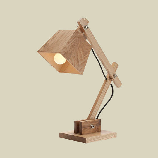 Trapezoid Shade Table Light: Modernist Beige Desk Lamp With Adjustable Arm & Wood Base