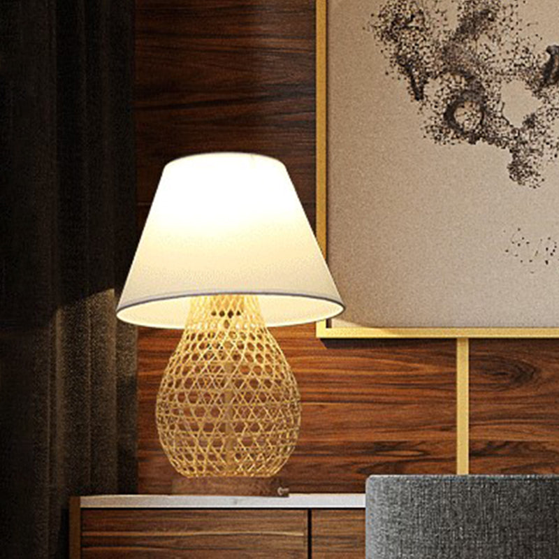 Oval Asian Woven Night Lamp: Bamboo Rattan Table Light With White Fabric Shade In Beige