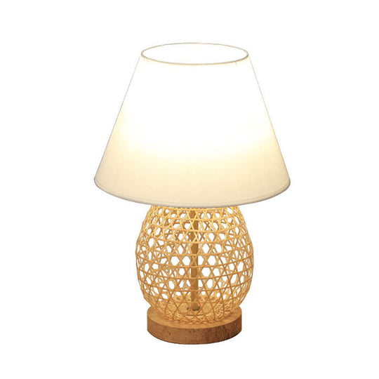 Oval Asian Woven Night Lamp: Bamboo Rattan Table Light With White Fabric Shade In Beige