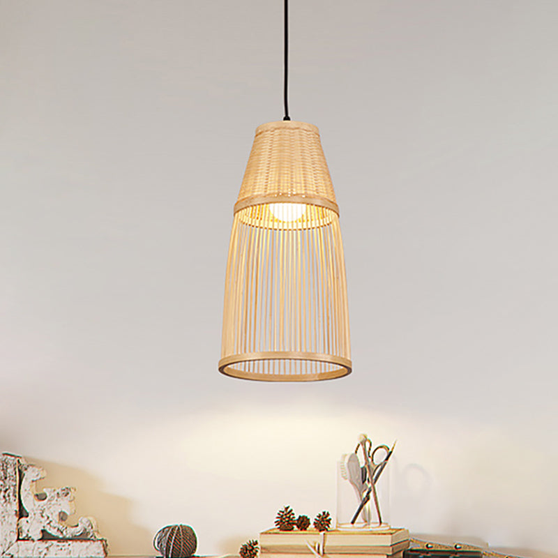 Asian Style Cone Down Light Pendant Lamp For Tea Room - Beige Bamboo Rattan