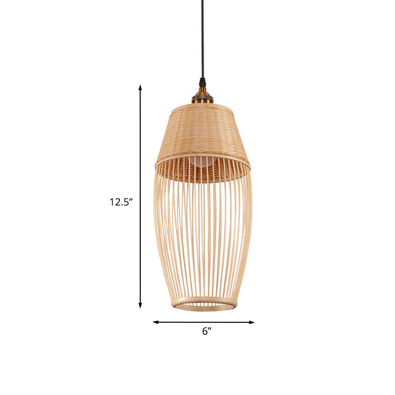 Asian Style Bamboo Rattan Oval Suspension Light - Beige 1-Light Hanging Ceiling Lamp