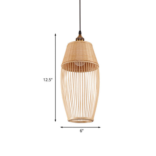 Asian Style Bamboo Rattan Oval Suspension Light - Beige 1-Light Hanging Ceiling Lamp