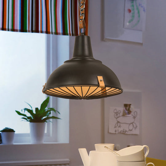 Industrial Dome Pendant Light with Wire Frame and Leather Strap Design - Black Metallic